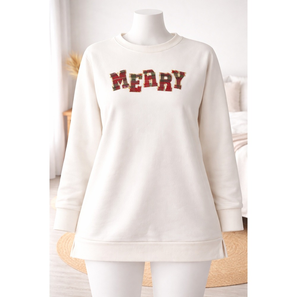 Jingle Belles Kim Gravel Merry Christmas Sweatshirt XL Cream Plaid Sequin Fleece - Picture 1 of 8